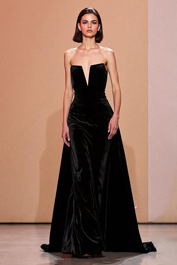 Black Strapless A Line Long Backless Velvet Evening Dress